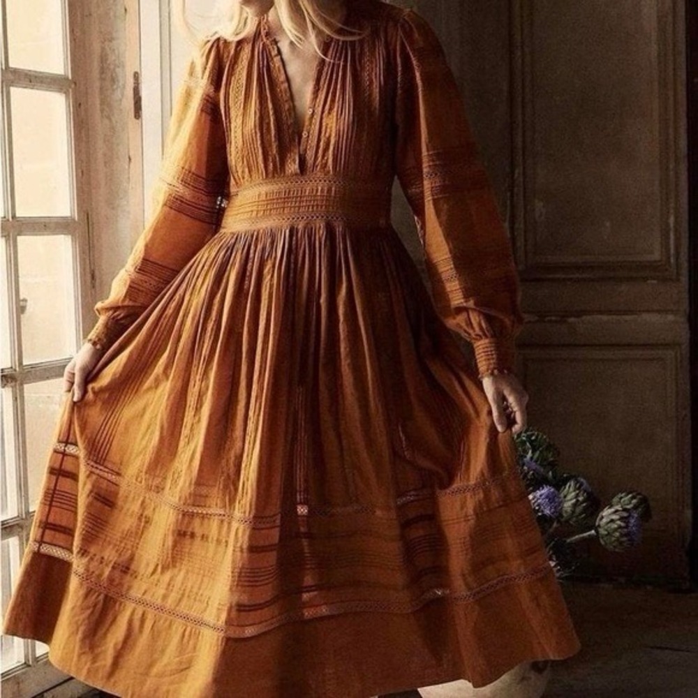 Women’s Long Sleeve Midi Dress in Burnt Orange - Picture 2 of 15